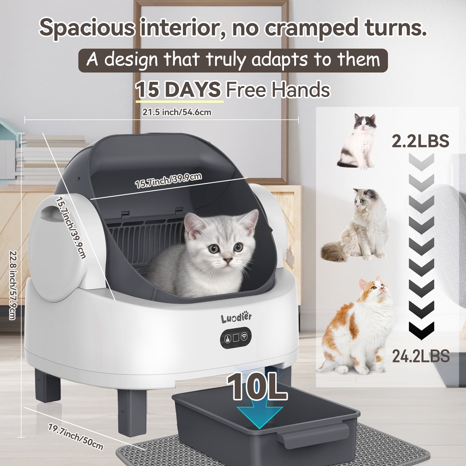 LUODIER Self-Cleaning Litter Box for Multiple Cats, Automatic Open-Top Smart Cat Litter Box with App Control & Odor Control, 12 Safety Sensors, Includes Waste Bags & Waterproof Mat, White