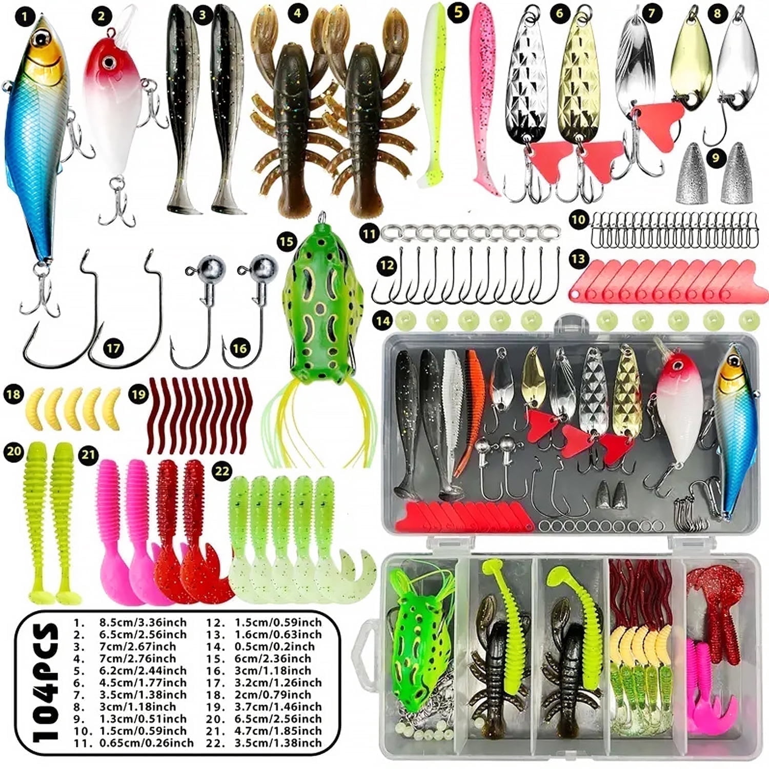 Gogcaro 104PCS Fishing Lures Kit Tackle Bait Set with Box Tackle Included Fishing Gear and Equipment, Fishing Hooks, Fishing Tackle Box, Fishing Accessories Kit for Freshwater and Saltwater