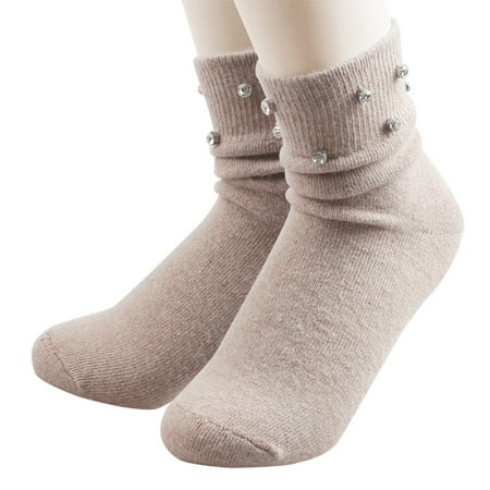 Wool Socks - Thick Warm Winter Socks Crew Cushion - Beaded with Crystal Embellished Cozy and Novelty Womens Socks Light