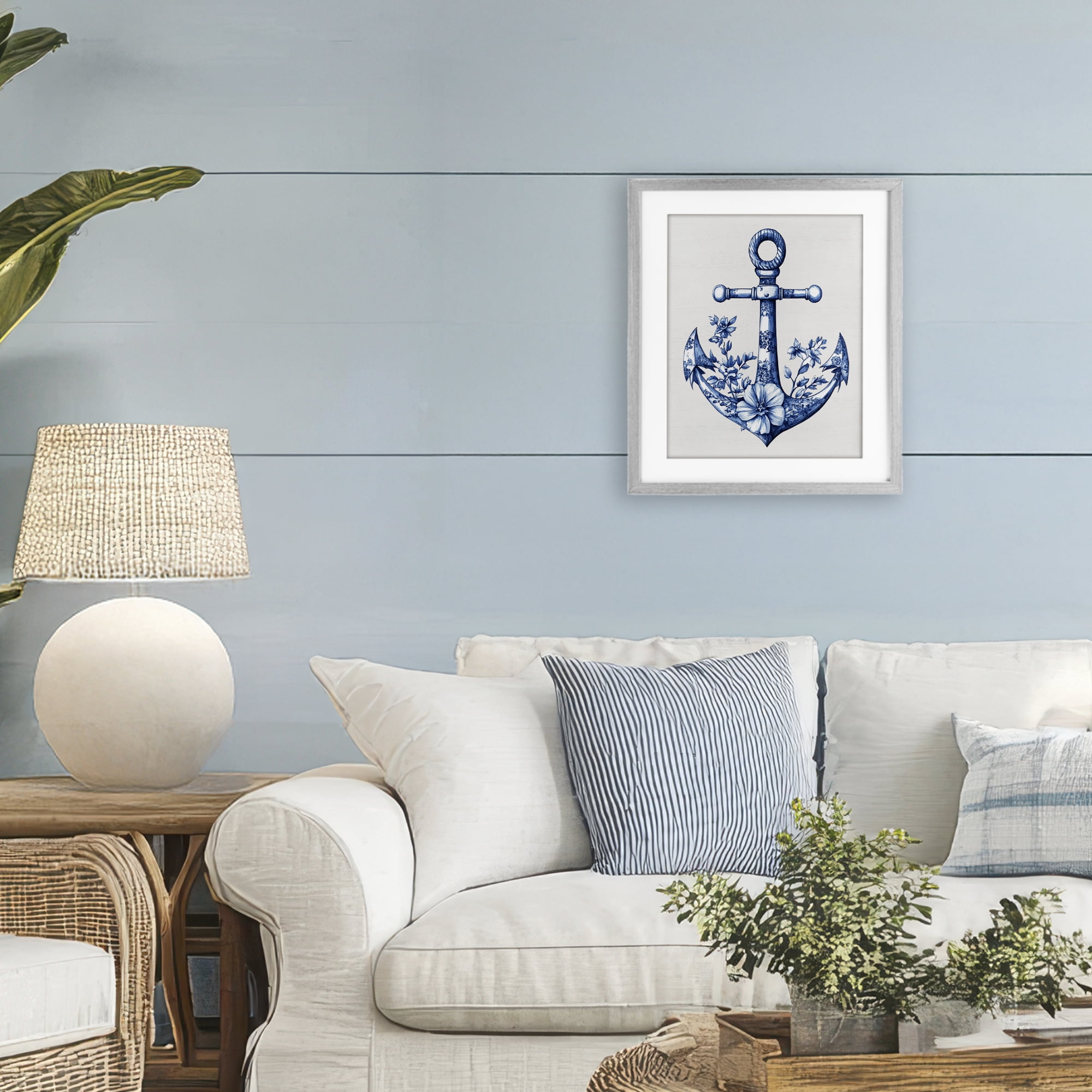Toile Patterned Anchor Gray Framed Print Under Glass, design by Lettered and Lined