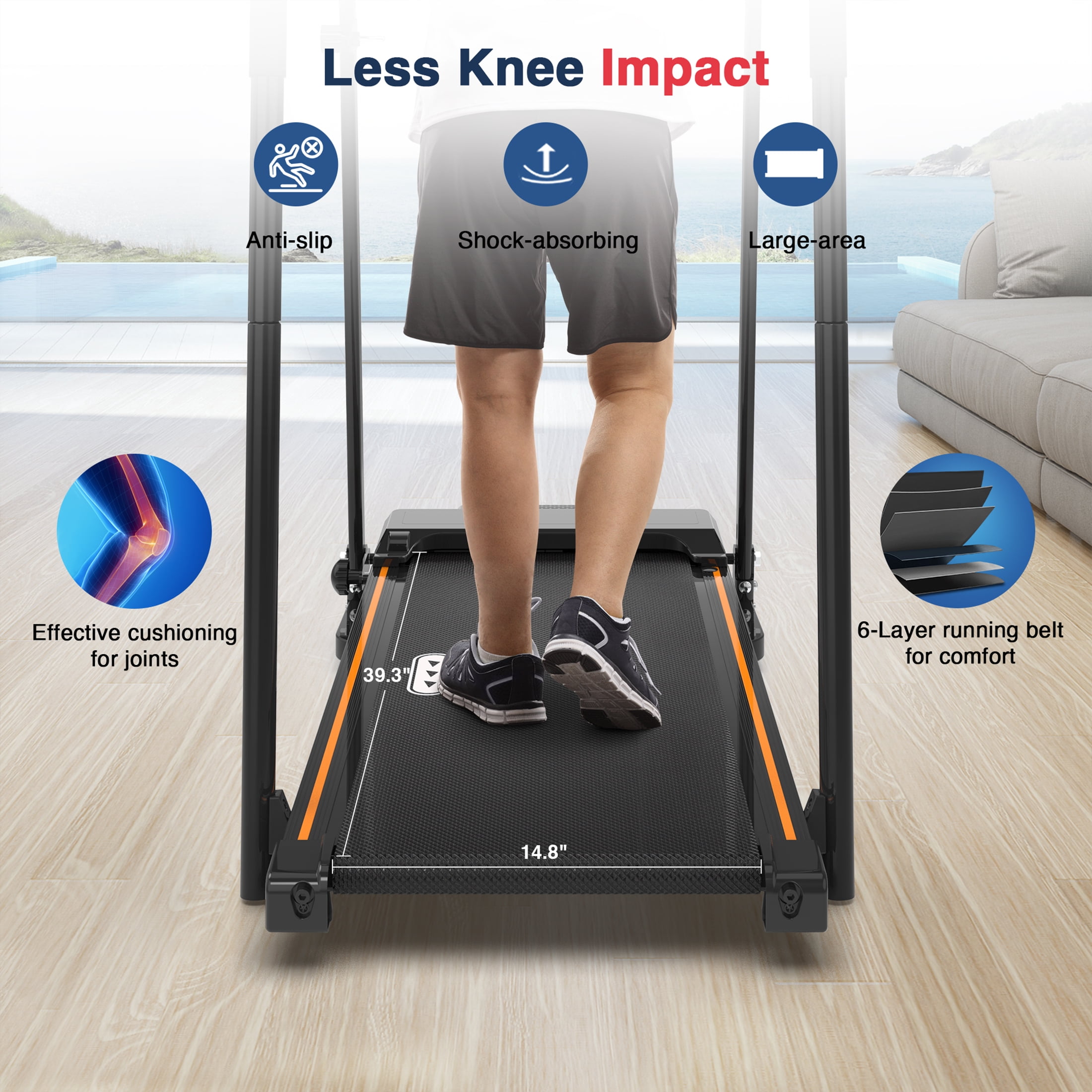 Hapycity Walking Treadmill with Long Handrails for Seniors 300lbs 2.25HP Recovery Fitness Exercise Machine for Home