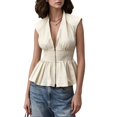 thumbnail image 3 of Women V Neck Tank Tops Smocked Zipper Sleeveless Vest Pleated Peplum Shirts Cream White S, 3 of 9