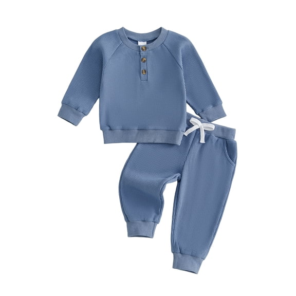 Loicainy Baby Toddler Boy Fall Outfit 3 6 12 18 24 Months 2T 3T 4T Crew Neck Long Sleeve Pullover Solid Color Waffle Knit Sweatshirt and Joggers Pants Clothes Set