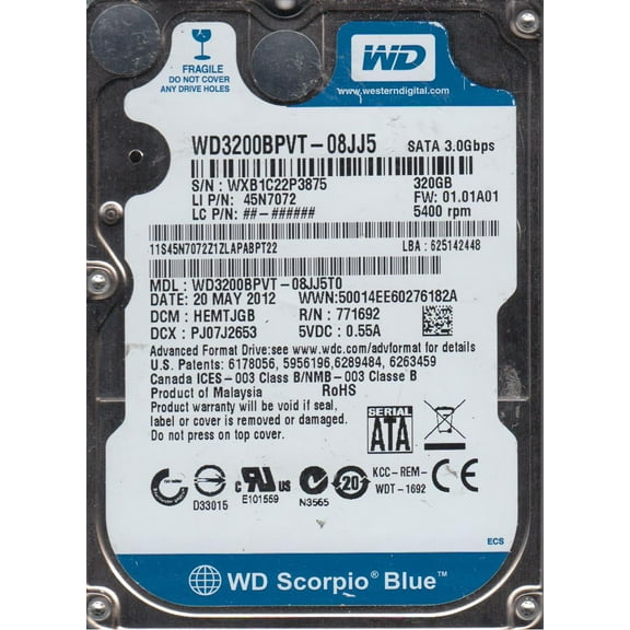 WD3200BPVT-08JJ5T0, DCM HEMTJGB, Western Digital 320GB SATA 2.5 Hard Drive