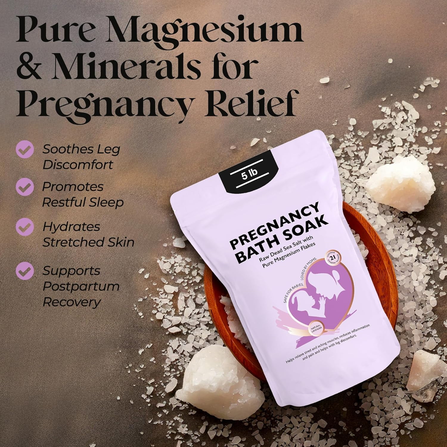 Aromasong Dead Sea Pregnancy Bath Soak with Natural Lavender & Magnesium Flakes, 5 lb | Pregnancy Safe Magnesium Bath Salts