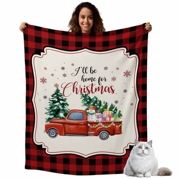 Christmas Truck Flannel Blanket for Bed,Travel and Camping, Snowman Dog Present Xmas Tree Red Plaid Super Soft Cozy Blanket for All Seasons 50"x60"