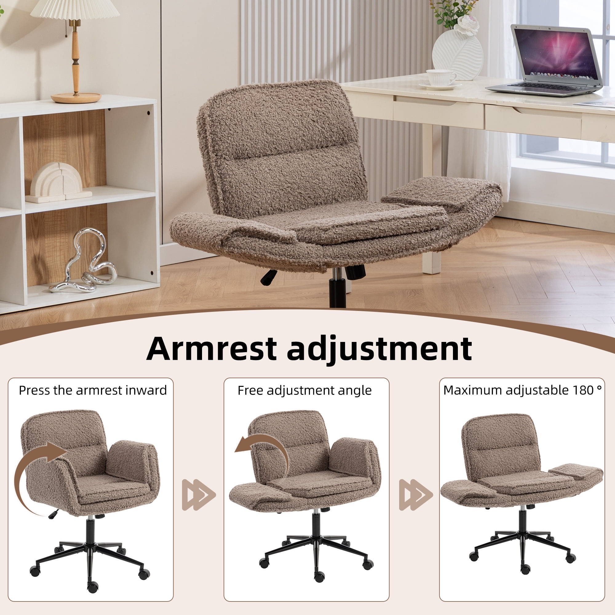 Jopath Criss Cross Chair with 5-Gear Adjustable Armrests and Wheels, Ergonomic Thickened Backrest Swivel Desk Chair for Home Office Vanity Bedroom and Living Room Brown Teddy Fleece