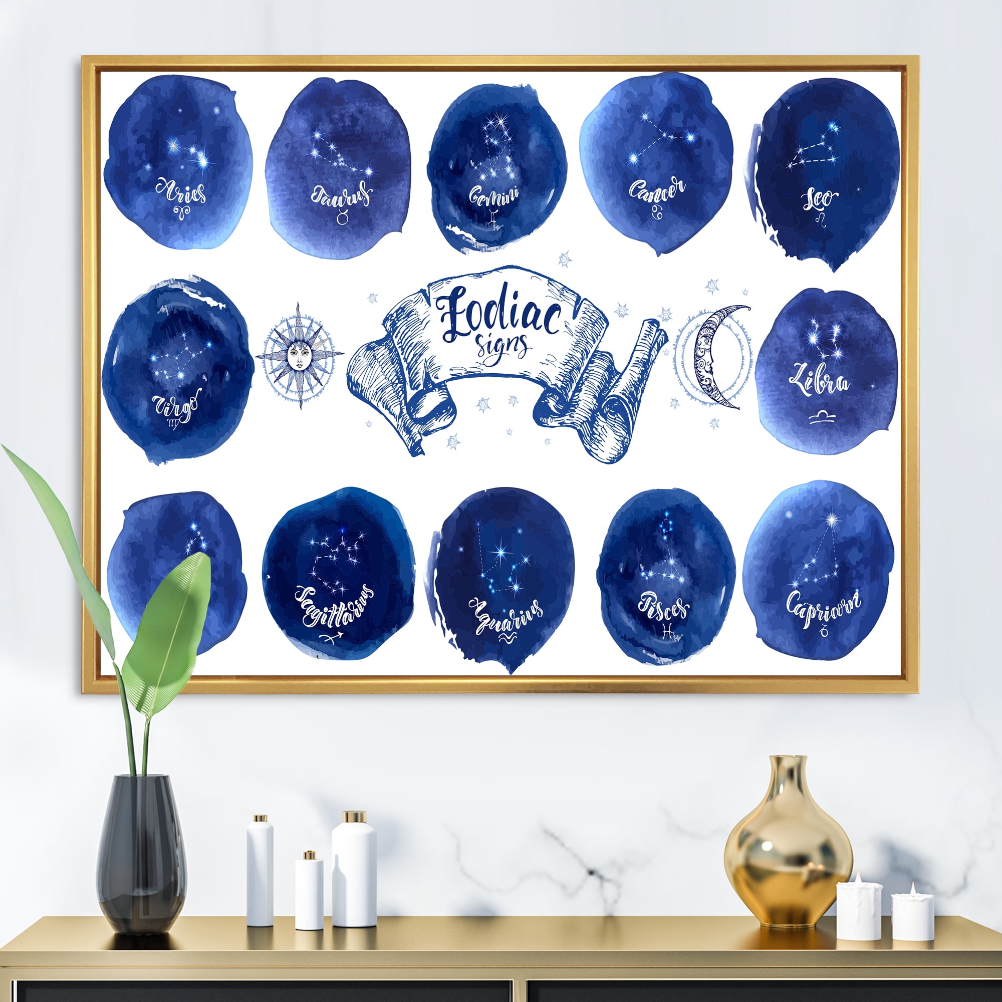 Designart 'Collection of Astrology Signs On Blue Circles' Modern Framed Canvas Wall Art Print
