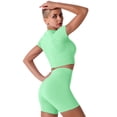 thumbnail image 4 of FYMNSI 3 Piece Summer Outfits Short Sets for Women Seamless Workout Sweat Suits Athletic Crop Top Sport Bra with Biker Shorts S Green, 4 of 7