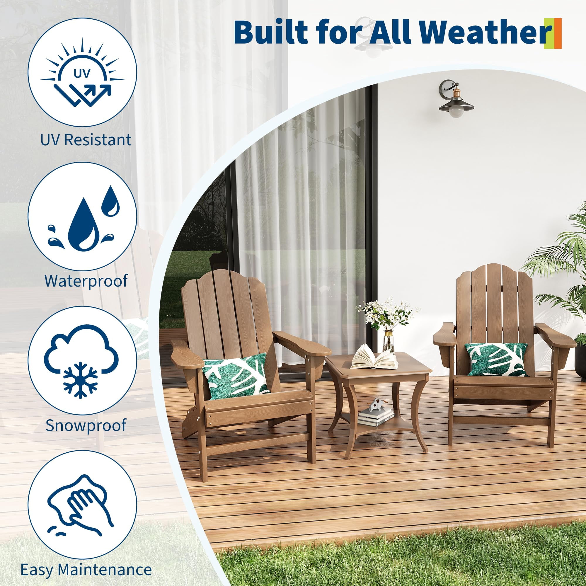 HDPE Adirondack Chair Set of 2, Wood Texture Patio Furniture, Outdoor Lawn Chair for Garden Backyard Deck Poolside,Brown