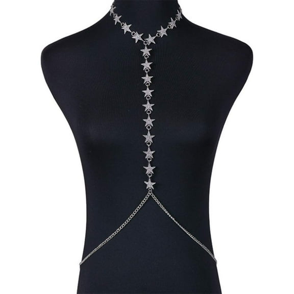 Rhinestone Star Bikini Harness Body Chain with Choker Sexy Belly Waist Chain Beach Nightclub Body Jewelry for Women and Girls (Silver)