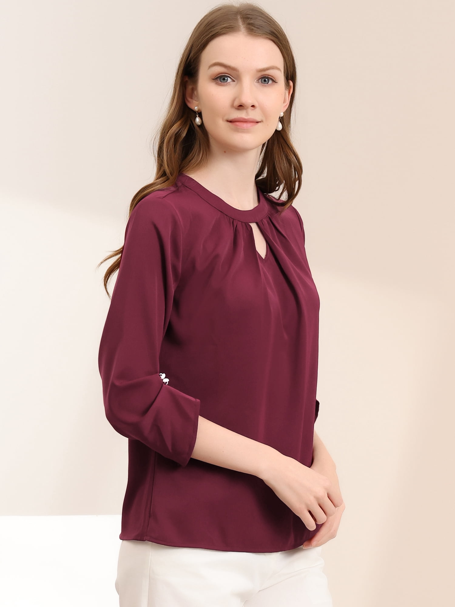 DARING DIVA Round Neck Keyhole Pleated Shirred Work Top M Wine Red