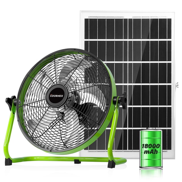 COORHEIX Ventilador de piso con energía solar de 12 pulgadas, recargable, ventilador con batería de 18000 mAh, ventilador solar portátil para exteriores con 5 aspas, inclinación de 360 ° para exteri
