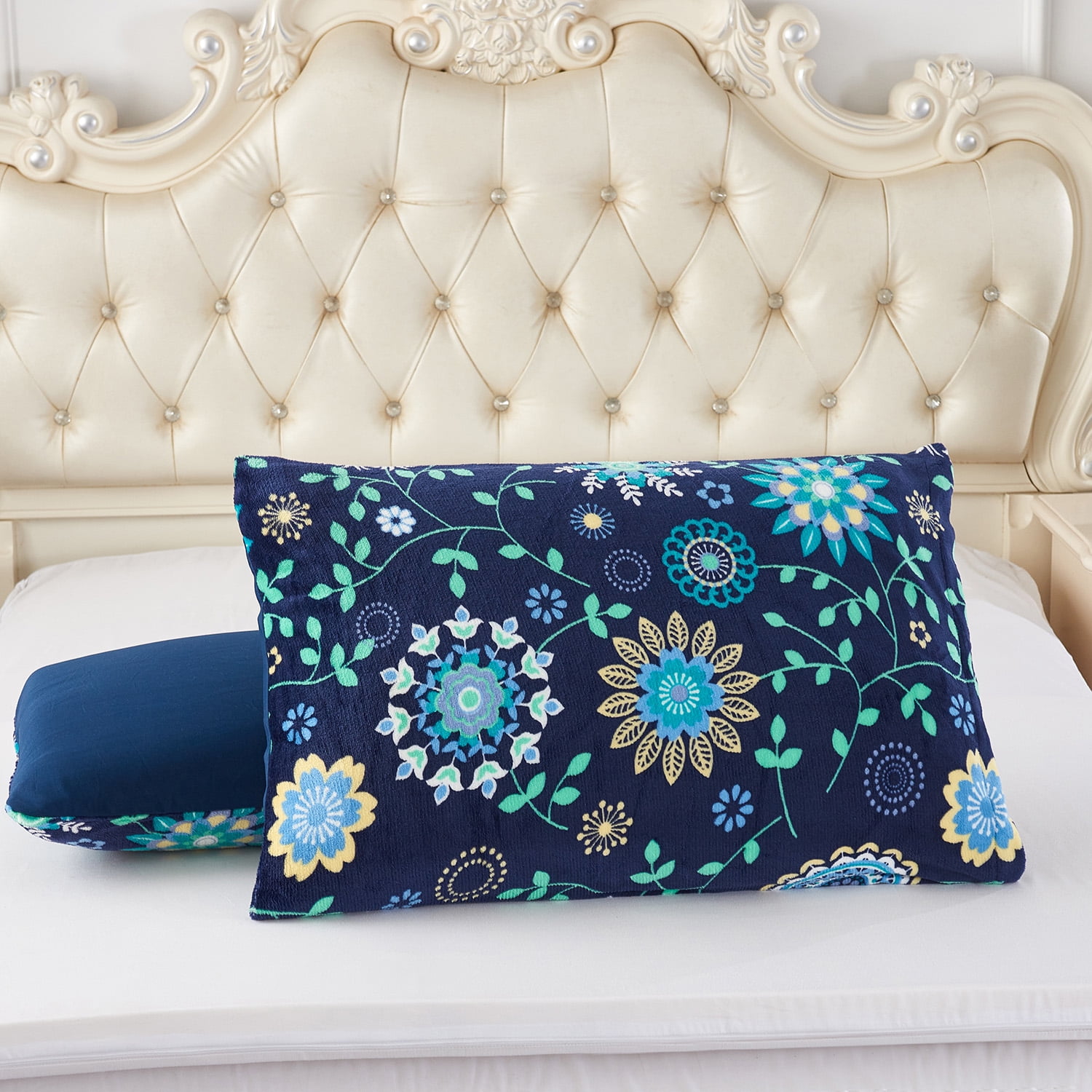 JML Plush Sherpa Bed Blanket, Fluffy & Soft, Reversible, Thick, Queen 75"x83",Navy Floral