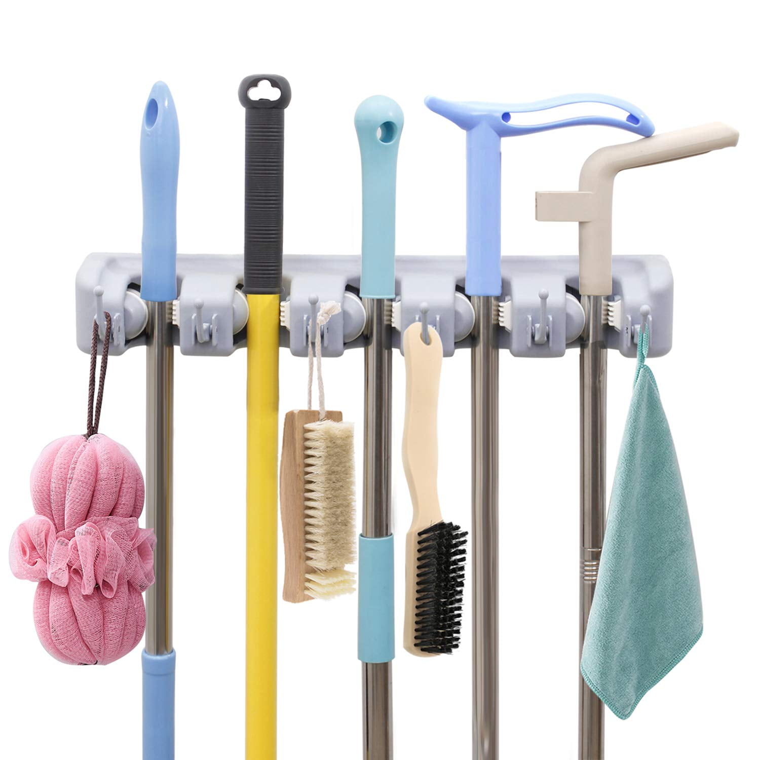 2 Packs Mops and Broom Hanger for Bathroom Kitchen Garden and Garage Mop Broom Holders with Hooks Self Adhesive Wall Mounted Home Organizer & Tool Storage Mops Hooks with Spring Clip