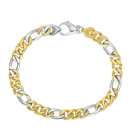 Mens Gold Figaro Bracelet - 14k Yellow And White Gold Diamond Cut Figaro Link Mens Bracelet, 8.5