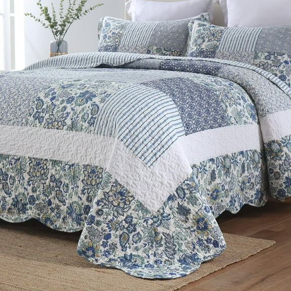 Cotton Bedspread Quilt Bedding Sets - Reversible Coverlet Sets with Vintage Floral Patchwork Design, Blue Color, Queen Size