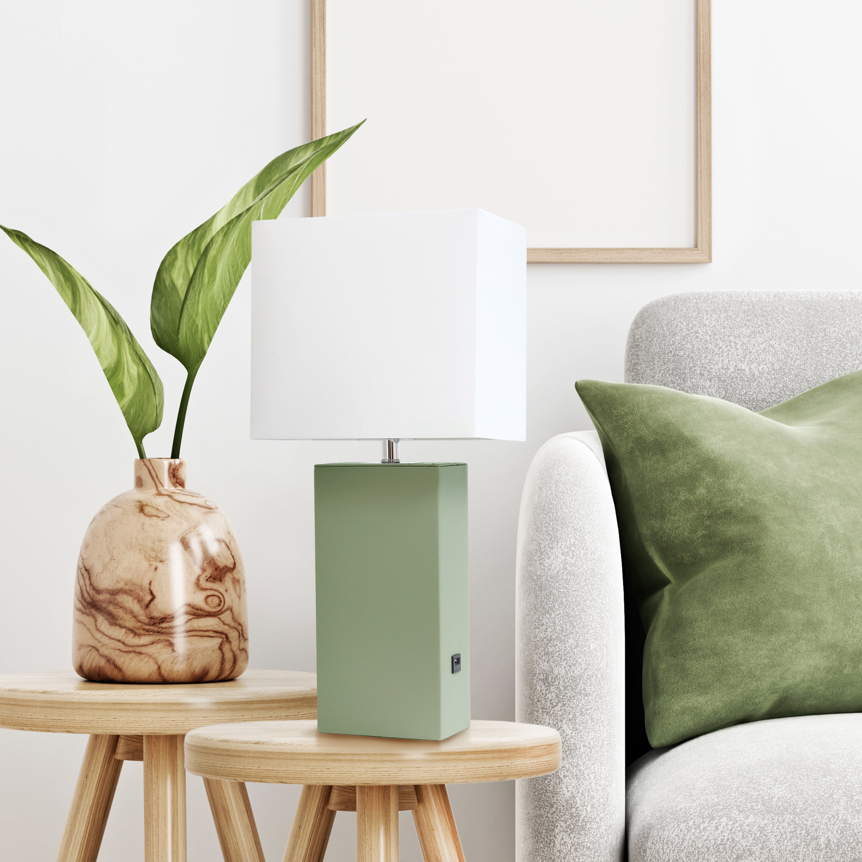 Lalia Home 21" Leather Modern Bedside Table Lamp with USB Port and LED Bulb, Sage Green