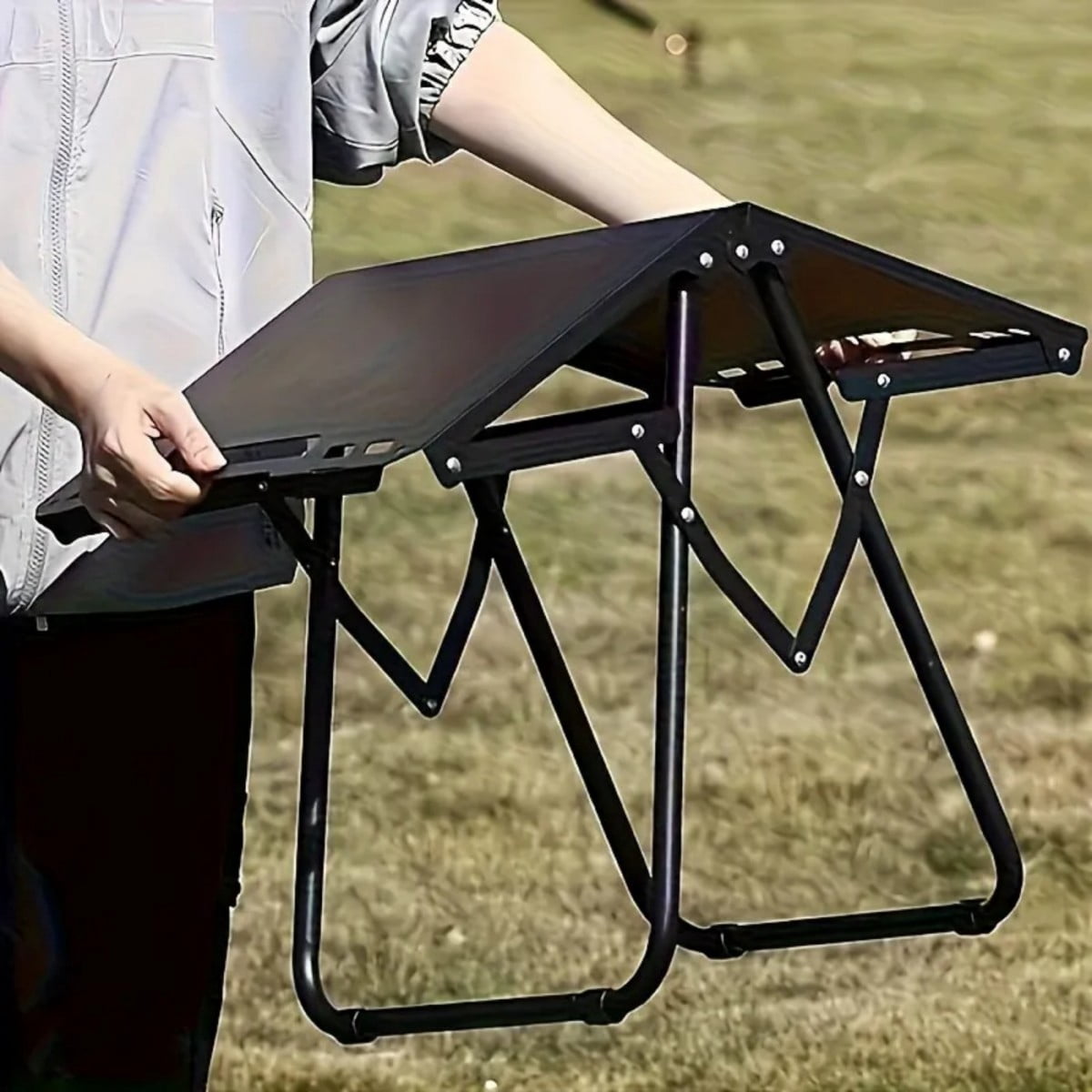 Portable Folding Camping Table, 150 LBS Heavy Duty Iron Picnic Table, Lightweight 6.6 LBS Outdoor Table with Side Hanging Hooks, Dark Gray