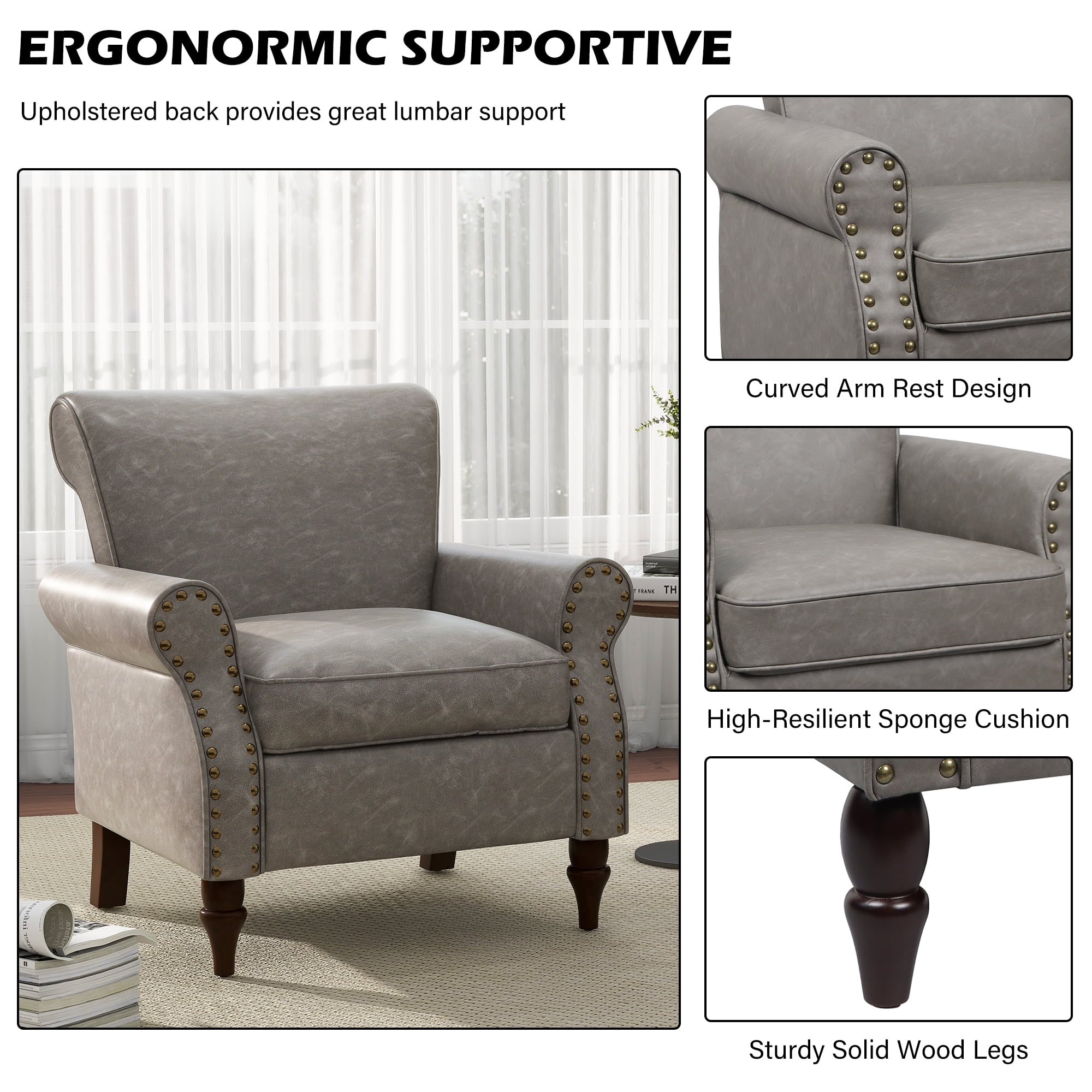 DREAMSIDEA Faux Leather Accent Chair for Living Room Upholstered Armchair Morden Comfy Living Room Single Reading Chair, Gray