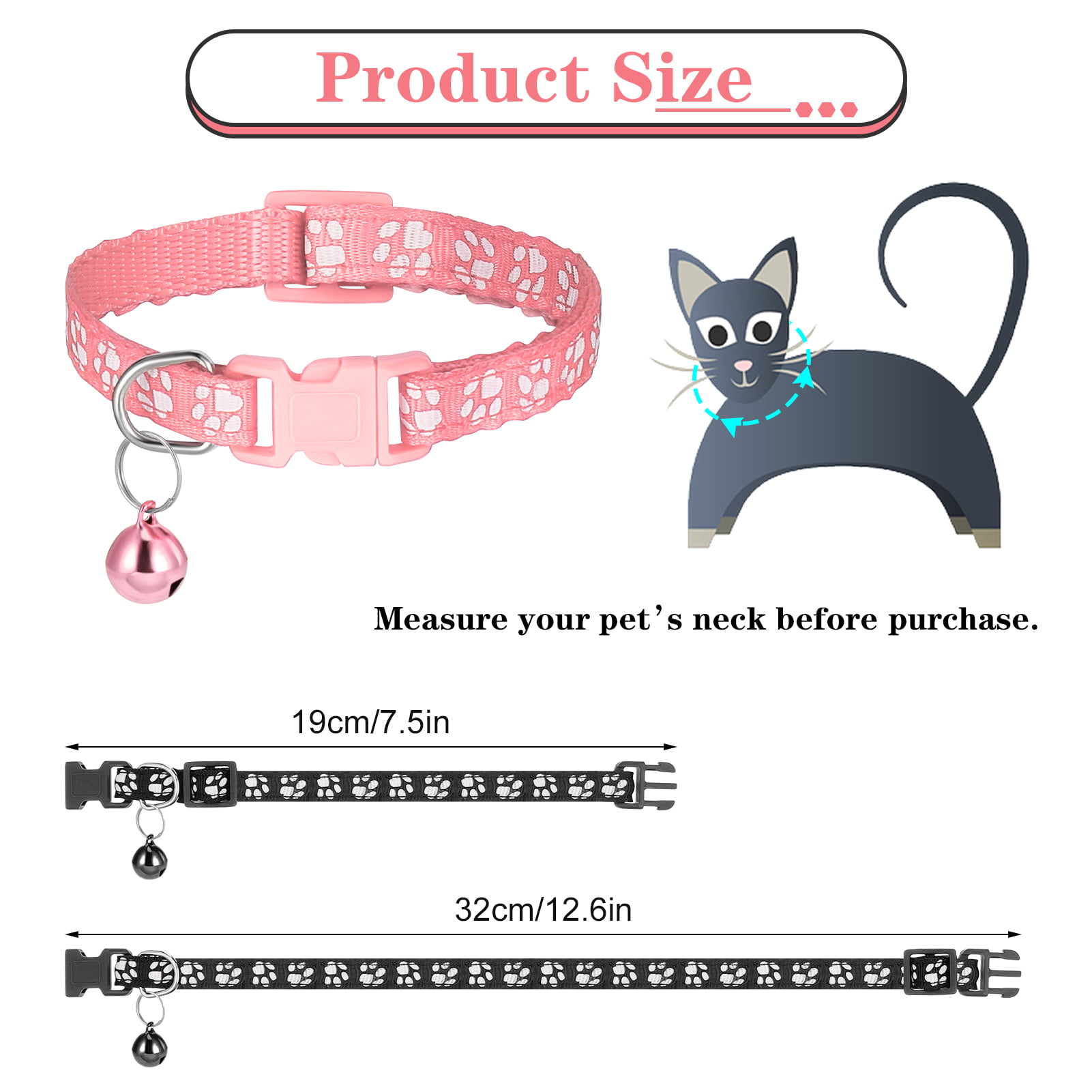 Litvibes Cat collars Set of 3 with bell,Kitten and small dogs soft  adjustable collar safe,solid and protection breakaway for cats and  puppies,cute kitty neckband with Paw print- (Pink,Black,Light Green) Cat  Everyday Collar
