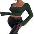 thumbnail image 3 of Women Solid Color Ribbed Square Neck Lettuce Hem Show Navel T-Shirts Spring Autumn Flare Long Sleeve Slim Crop Tops Black M, 3 of 6