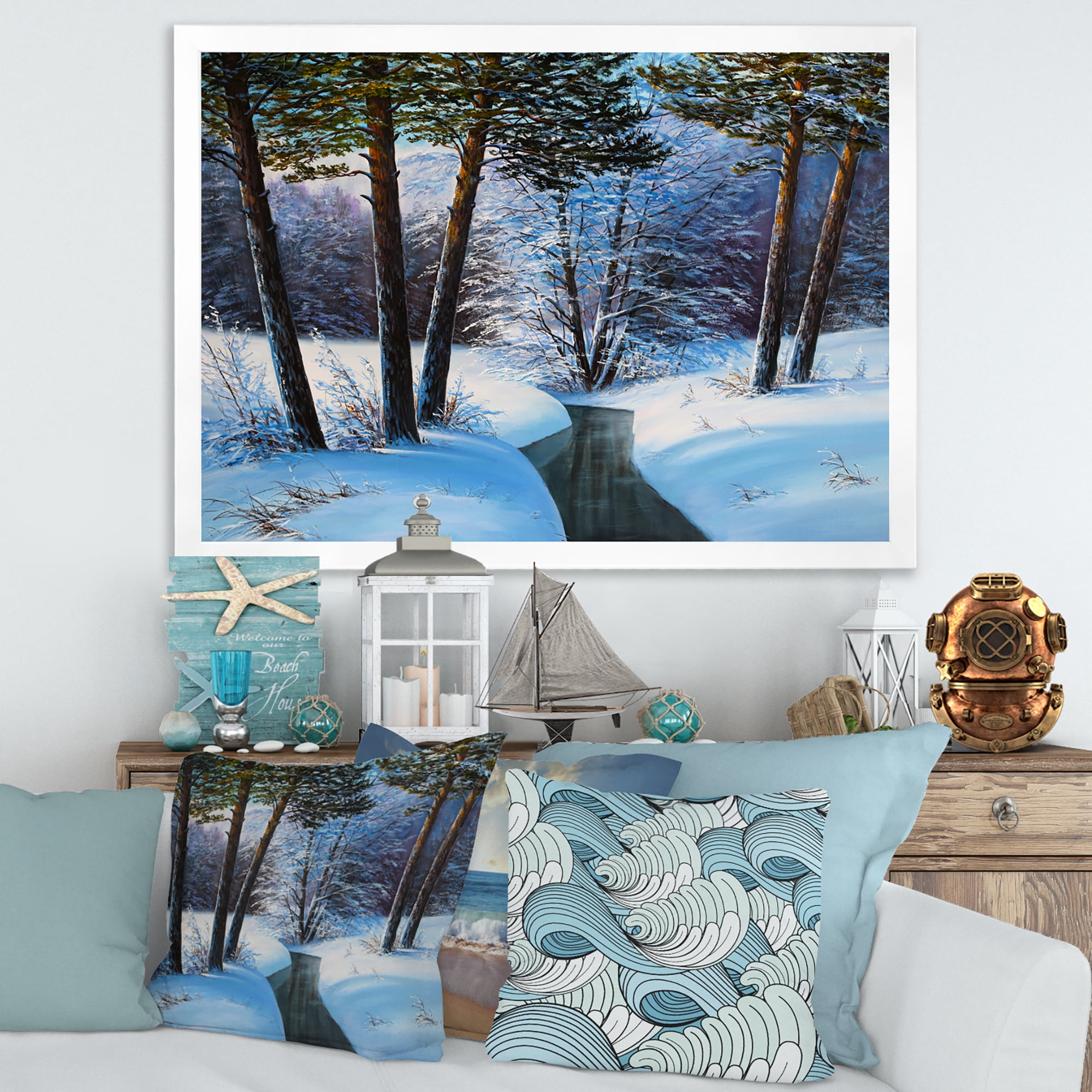 Designart 'Christmas Forest With Trees and River III' Traditional Framed Art Print