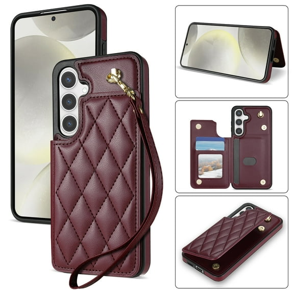 Case for Samsung Galaxy S25 with Wrist Strap, PU Leather Kickstand Magnetic Closure Card Slots Flip Back Case Elegant Shockproof Cover Girls Women for Samsung Galaxy S25, Winered