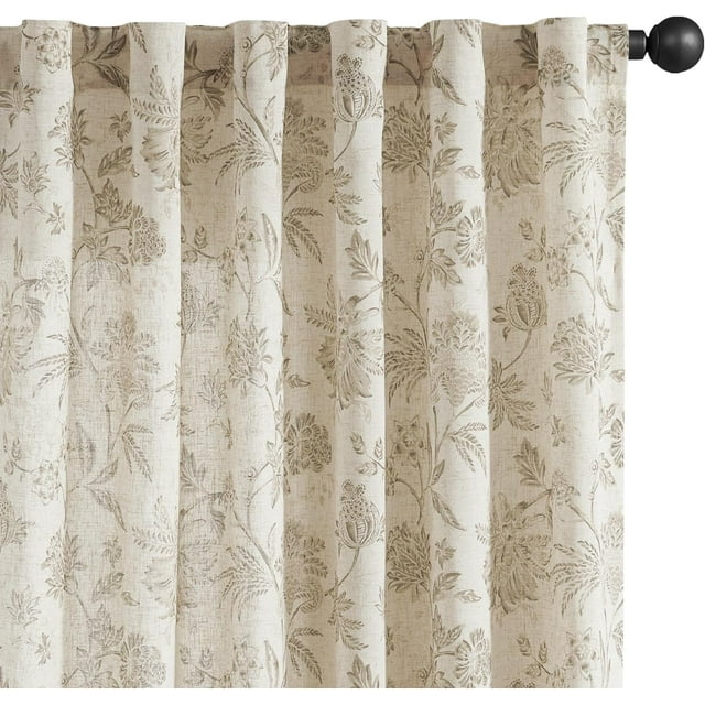 Linen Floral Curtain for Living Room Length Drape with Printed Flower Light Filtering Curtains Rod Pocket Back Tab Taupe Window Treatment Set Bedroom Drapes Panels Taupe