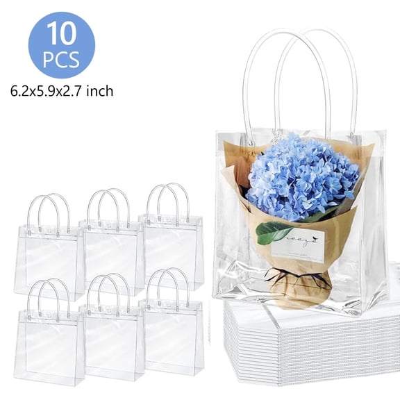 Hengbo 10 Pcs Clear Gift Bags with Handle 6.2 x 5.9 x 2.7 inch Plastic Transparent Gift Bag PVC Goodie Bag for Boutique Wedding Birthday Party Halloween Christmas