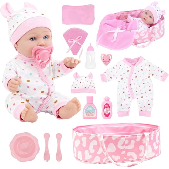 K.T. Fancy 12″ Baby Doll with Sleeping Carrier Bassinet Bed Set in Gift Box - 13 Piece Accessories, for Girls Ages 3