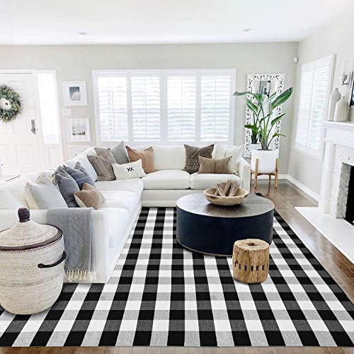 Buffalo Plaid Rug 8' x 10' Buffalo Check Rug Cotton Black and White Washable Retro Lattice