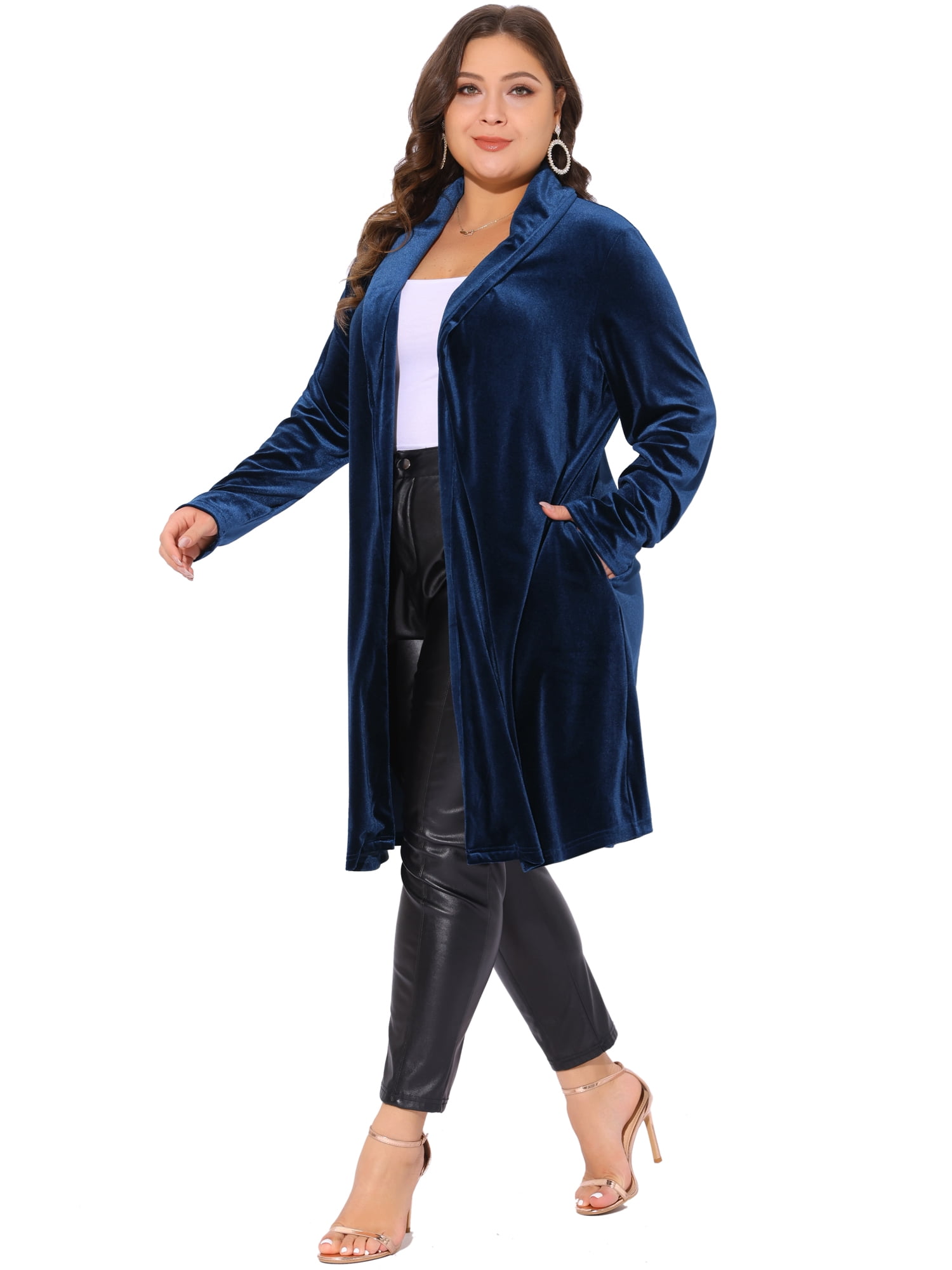 DARING DIVA Women's Plus Velvet Jackets Open Front Lightweight Long Sweaters 3X Dark Blue