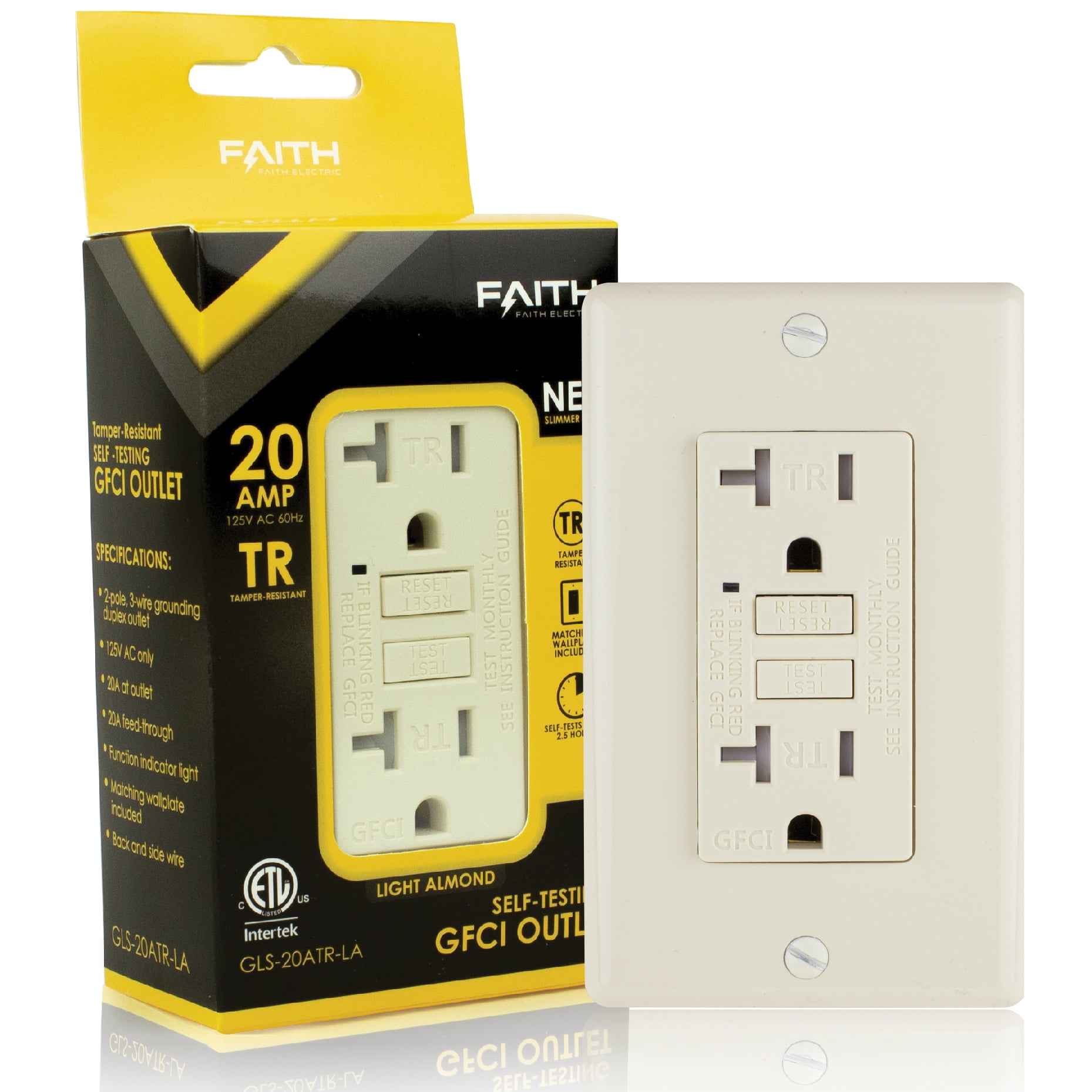 Faith 20A GFCI Outlets, Slim, Tamper-Resistant GFI Receptacles with Wall Plate, Lt Almond, 10-Pk