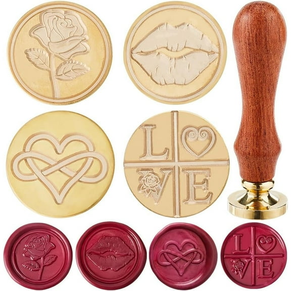 Brass 1 bag 4pcs Love Heart Wax Seal Stamp Head Rose 25mm Removable Brass Head set with 1pcs Wooden Sealing Stamp Handle for Wedding Valentine's Day