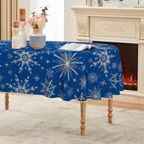 Christmas Tablecloth 60×84 Inch Oval, Simple Snow Stick Figure Blue Washable Table Cover for Party Picnic Dinner Decor