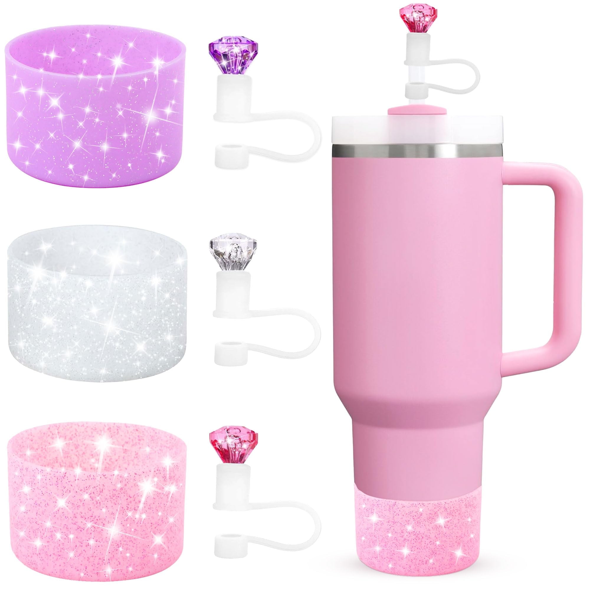 Cup Accessories Set - 3 Glitter Silicone Boots & 3 Diamond Straw Covers For 30/40 Oz Tumblers