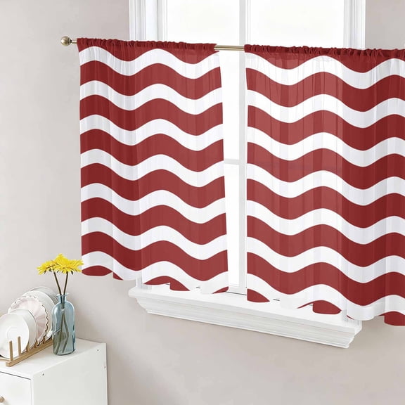 Red White Semi Sheer Curtains 45 Inch Length 2 Panels Set, Modern Abstract Waves Water Ripple Striped Sheer Kitchen Curtain Privacy Voile Window Curtain for Living Room Bedroom Rod Pocket Drapes