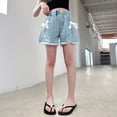 thumbnail image 5 of Afuyipoi Tween Girls Denim Shorts,Elastic Waist Ripped Hem Summer Jean Shorts Blue 8-9, 5 of 7