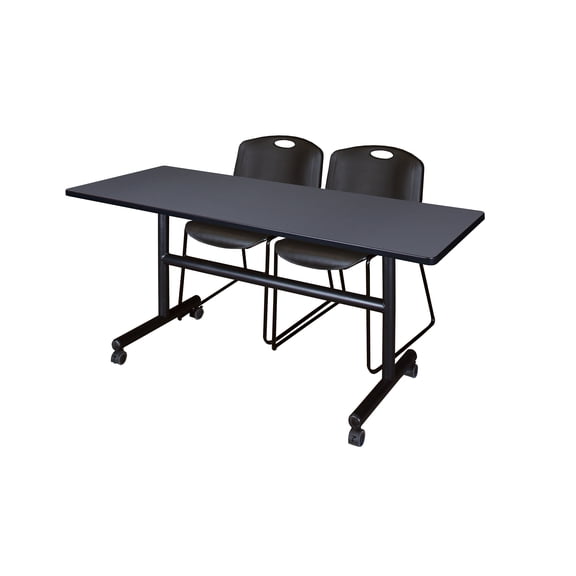 60" x 30" Flip Top Mobile Training Table- Grey and 2 Zeng Stack Chairs- Black