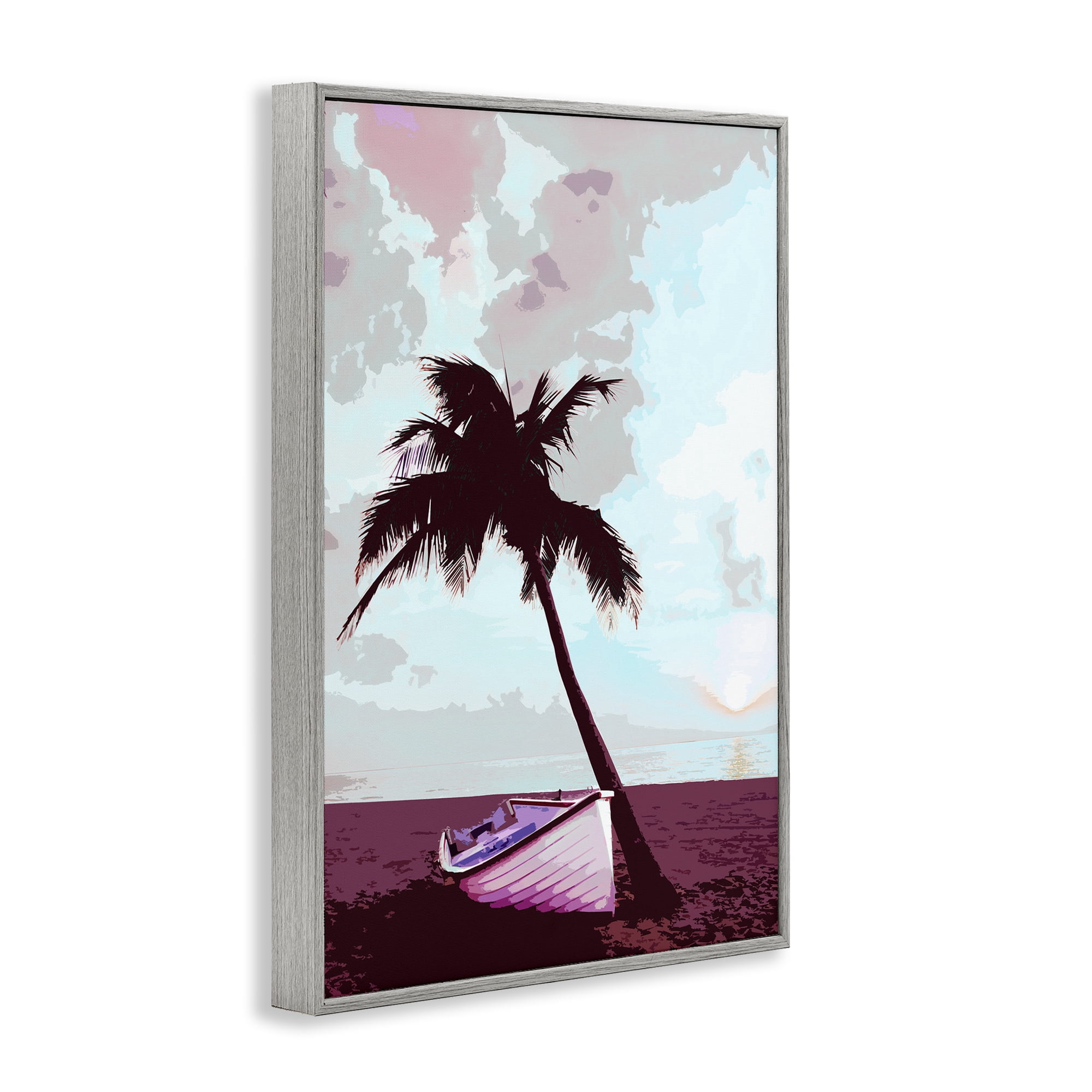 Stupell Industries Boat & Palm Tree Landscape Painting Gray Framed Art Print Wall Art, 12 x 18
