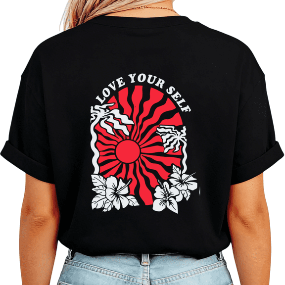 UNISHE Women's Love Yourself Retro Sun Hibiscus Tropical Boho Aesthetic Graphic Tops Short Sleeve T-Shirt Cotton