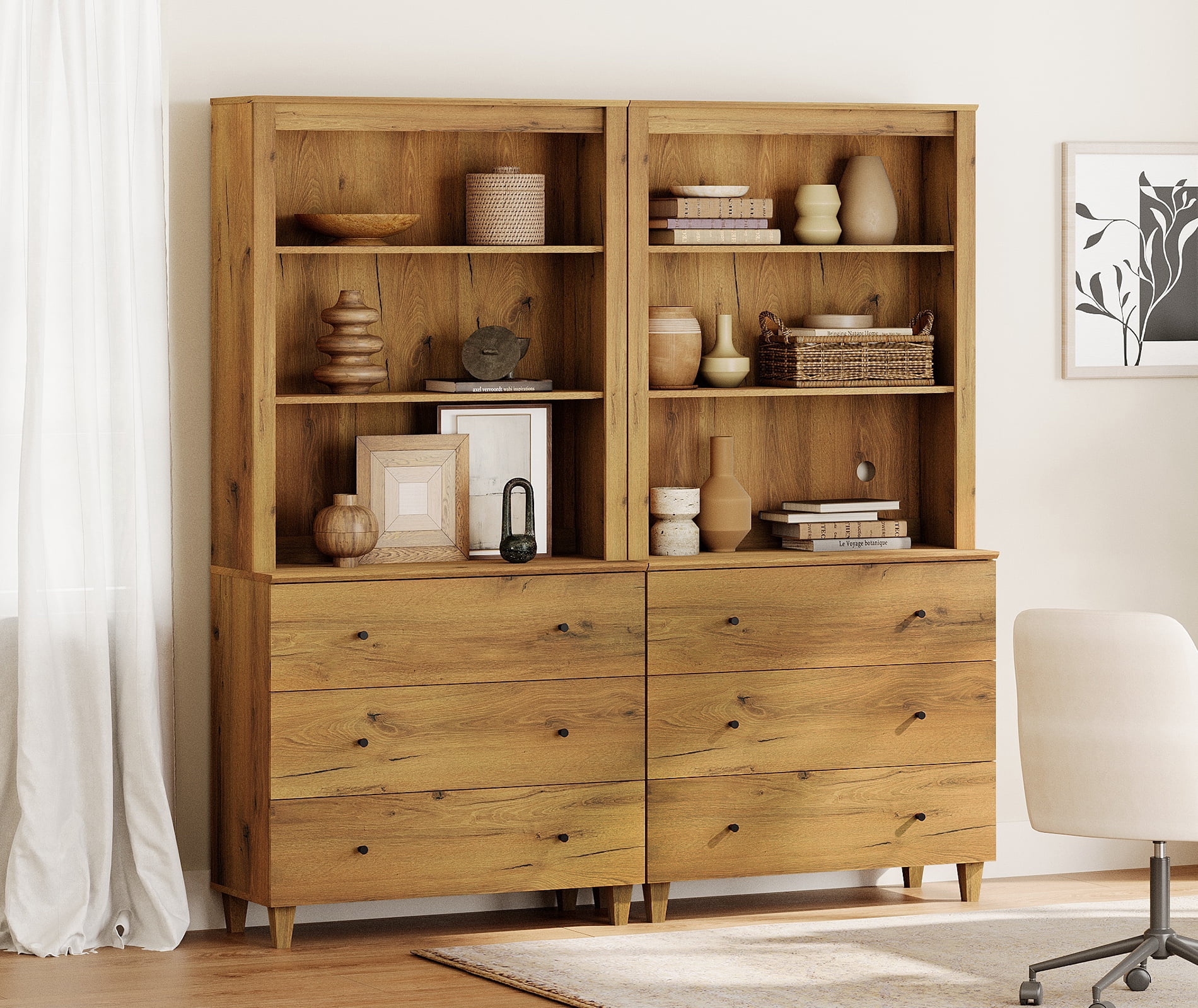 WAMPAT Modern 71" Tall Bookcase with 6 Drawers, 2 Columns 3-Tier,Oak Brown