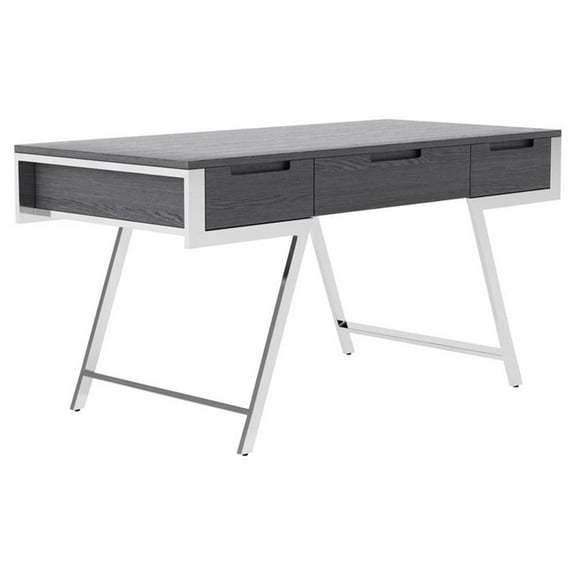 Modrest Dessart 3-Drawer Modern Veneer & Stainless Steel Desk in Elm Gray