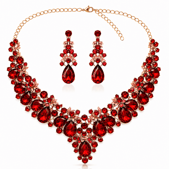Exclusive Stephen Felix Joseph Collection Red Crystal Statement Necklace and Earring set.