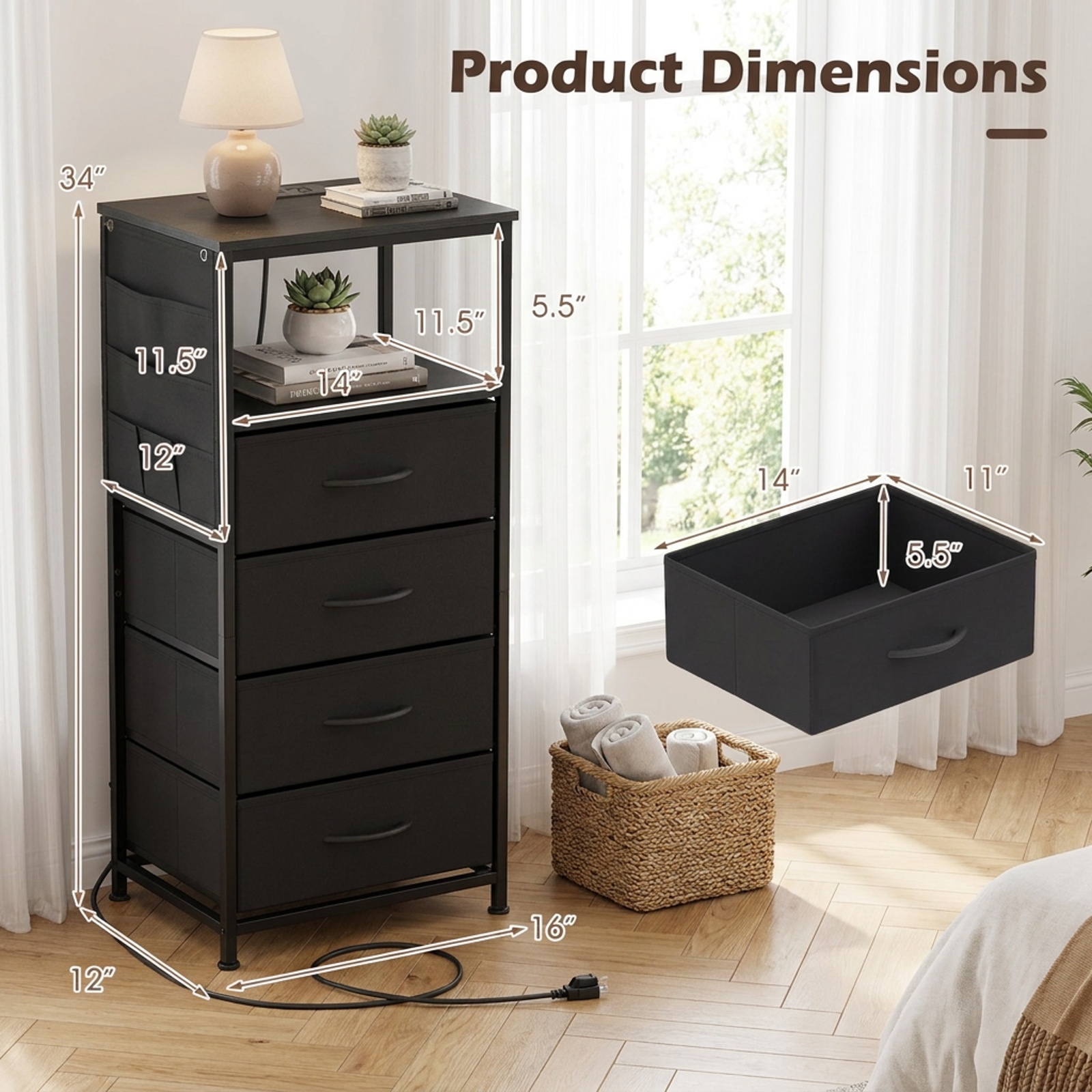Furnibear 34 Inch Tall Black Nightstand with Integrated Charging Station and 4 Fabric Drawers