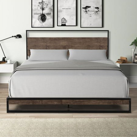Queen Size Platform Bed Frame with Wood Headboard  12  Under Bed Storage  No Box Spring Needed  Noise Free
