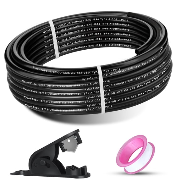 5/32" OD 50FT DOT Air Line Tubing Kit Black SAE J844 PA12 Nylon Air Brake Hose with Cutter and Teflon Tape for Trailer Trucks RV Braking Systems or Fluid Transfer