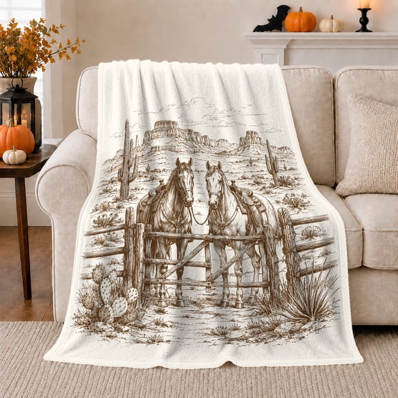 Two Horses at Desert Corral with Cactus and Mesas, Rustic Western Line Art for Horse Lovers, Father's Day Gift, Cozy Flannel Blanket for Ranch House and Cabin, Rustic Home Decor