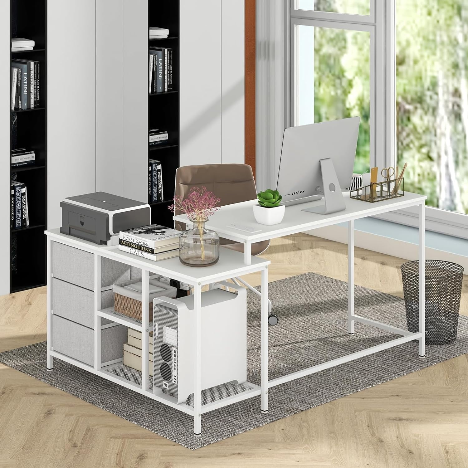 HJTER L Shaped Computer Desk with Drawers, 81" Convertible Corner Desk with Charging Station and Storage Shelves, Study Writing Desk, Modern Long Corner Gaming Table for Home Office (White)